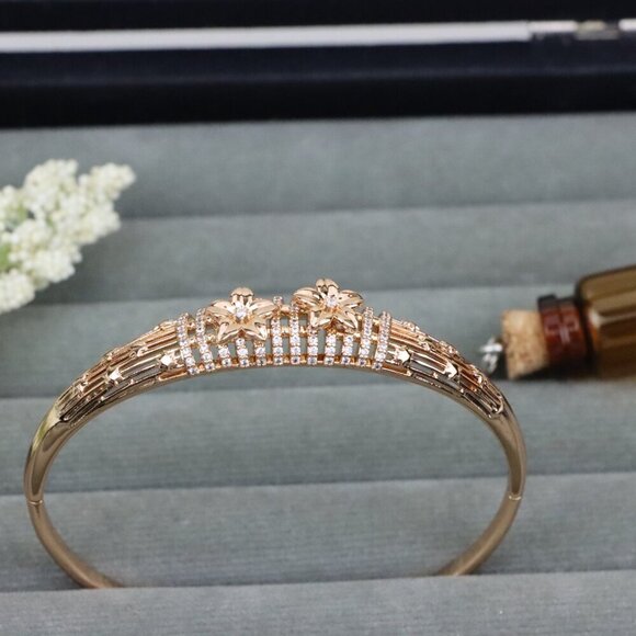 Elegant Rose Gold Bangle with Twin Floral Diamond Accents, XPBL0588 - Picture 12 of 12